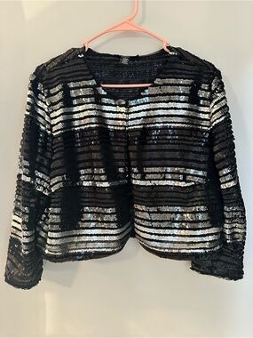R&M Richards Sequin Jacket Womens Large Black Silver Stripe Cropped Bolero L